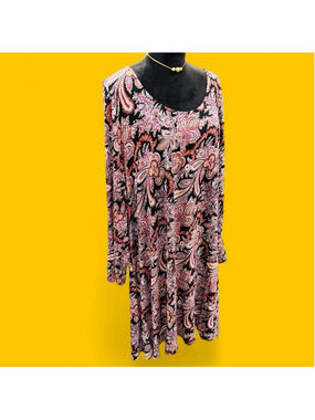 Como Vintage XL Paisley Dress Black Pink Boho Stretch Long Sleeve Cottaegcore